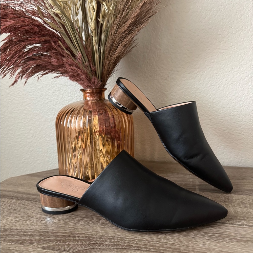 Franco Sarto Black Leather Mules with Silver Accents